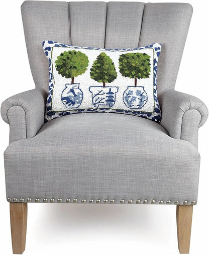 Peking Handicraft Topiaries with Leopard Print Border Hooked Wool 20" x 14" Throw Pillow with Polyfill Insert, Blue/White/Multi