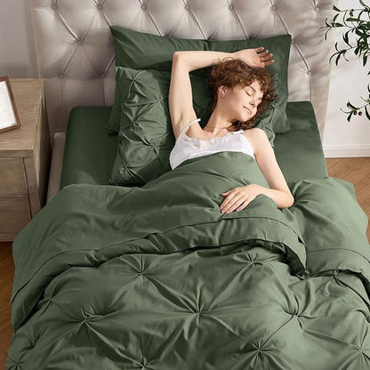 Nestl Twin XL Comforter Set 5 Piece - Pintuck Twin XL Bedding Set Olive Green, College Dorm Essentials Bed in a Bag, Twin XL Comforter Set for College Girls and Boys with Sheets, Pillowcase and Sham