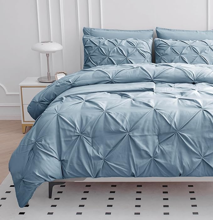 LANE LINEN Full Size Bed Comforter - 7 Piece - Refined Pintuck Finish for Hotel Style Bedding - Breathable Microfiber Bed in a Bag Comforter - Ideal Bedding for Apartments & First Homes - French Blue | Hotel sleep feel, Airy microfiber, Clean bed look,...