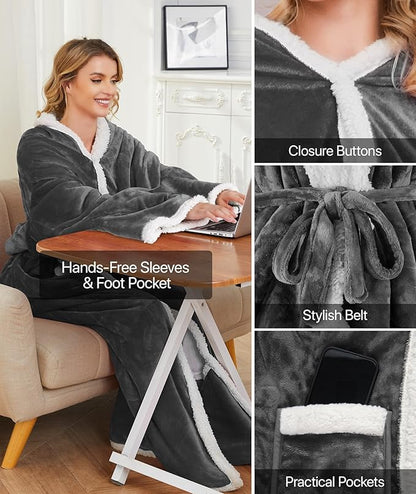 Electric Heated Blanket - Wearable Heated Blanket Throw with Foot Pockets, Sleeves Flannel & Sherpa Wearable Blanket 8 Heating Levels & Timer Snuggle Blankets for Home Office -50*60" Robes for Women