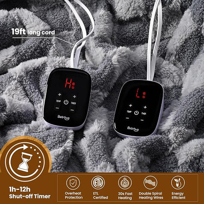 Bearhug Heated Blanket King Size 100" x 90" Dual Controller Electric Blanket Gray Teddy Faux Fur& Warm Sherpa Heating Blanket 10-Heat Levels& 1-12H Auto Off, ETL, Machine Washable, Gift Box