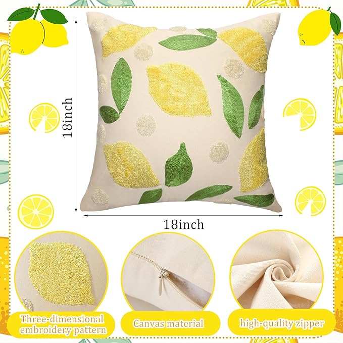 2 Pcs Lemon Embroidered Pillow Covers 18 x 18 Inch Summer Fruit Jacquard Decorative Pillow Covers, Green Leaf and Lemon Farmhouse Soft Plush Pillowcase for Sofa Bed