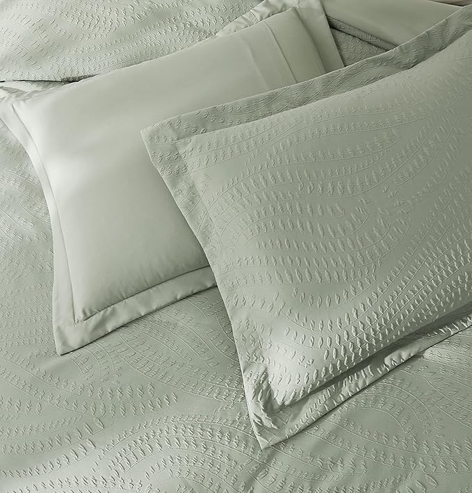 Geniospin Full Size Comforter Set - 7 Pieces Textured Sage Green Bedding Sets, Boho Shabby Chic Comforter Set, All Season Comfortable Bed in a Bag with Comforter, Sheets, Pillowcases & Shams