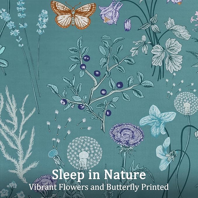 Yiran King Size Comforter Set, 7 Pieces Mineral Blue Floral Soft Bedding Sets, King Bed in a Bag Botanical Flowers All Season Comforter, Sheets, Pillowcases & Shams
