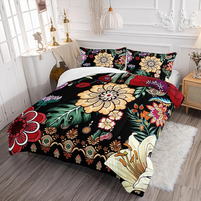 3 Pieces Colorful Floral Comforter Set,Paisley Bedding Set King Size,Bohemian Farmhouse Flower Leaves Printed on Black Design,All Season Lightweight Soft Microfiber (1 Comforter with 2 Pillowcases)