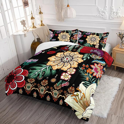 3 Pieces Colorful Floral Comforter Set,Paisley Bedding Set King Size,Bohemian Farmhouse Flower Leaves Printed on Black Design,All Season Lightweight Soft Microfiber (1 Comforter with 2 Pillowcases)