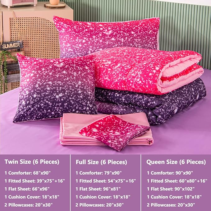 PERFEMET Pink Purple Girls Queen Comforter Set with Sheets 6 Pieces Colorful Rainbow Tie Dye Kids Bedding Set Sparkle Glitter Ombre Bed in A Bag Soft Fluffy Teen Girl Bed Set for Bedroom Decor