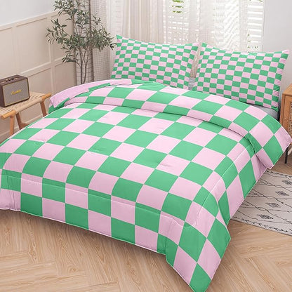Tailor Shop Green Pink Plaid Comforter Sets Full Women Men Green Checkerboard Grid Bedding Boys Girls Modern Grass Checkered Geometric Quilts Aesthetic Room Decor with 2 Pillowcases……