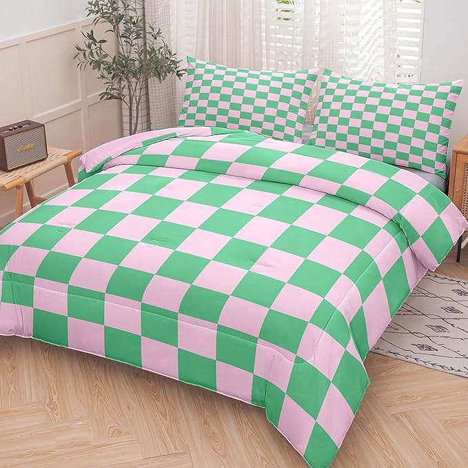 Tailor Shop Green Pink Plaid Comforter Sets Twin Women Men Green Checkerboard Grid Bedding Boys Girls Modern Grass Checkered Geometric Quilts Aesthetic Room Decor with 1 Pillowcases……