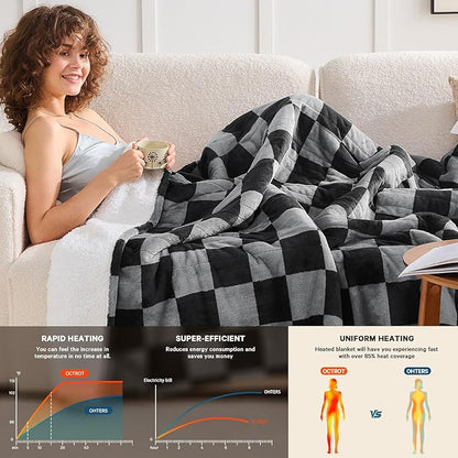 Heated Electric Blanket Twin Size, 62X84 Heating Blanket with 10 Heat Level & 8 Hours Auto Off, Black Gray Checkered Plaid Soft Fleece Sherpa Blankets Warmer Gifts for Couch Grandma Women Adults