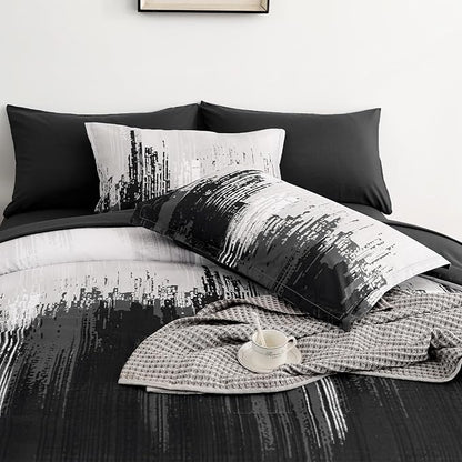 WONGS BEDDING Comforter Set King, Black Grey 7 Pieces Bed in a Bag Colorful Abstract Art Gradient Comforter Soft Microfiber Bedding Set with Comforter,Flat Sheet,Fitted Sheet,Pillow Shams,Pillowcases