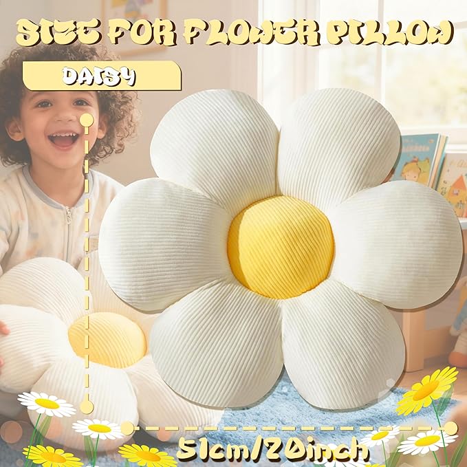White Flower Pillow 20 inch Daisy Flower Shaped Pillow Aesthetic Decor Soft Plush Pillows Floor Seat Cushion Pillows for Sofa Bed Chair Couch
