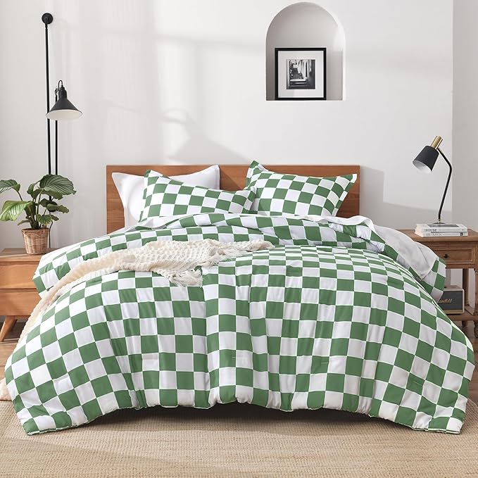 Andency Green Checkered Comforter Twin(66x90Inch), Plaid Gingham Buffalo Grid Bedding Comforter Sets for Boys Kids Teens, 2 Pieces Lightweight Microfiber Geometric Preppy Bed Set