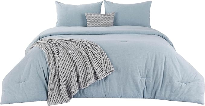 Bedsure 5 Pieces Cotton Comforter Set with Cotton Waffle Throw Blanket - Blue Queen Comforter, Pillow Shams, Grey Cooling Blanket of Rayon Derived from Bamboo for Hot Sleepers, Throw Pillow
