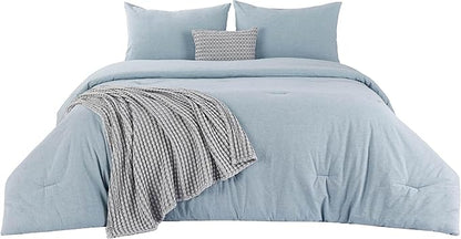 Bedsure 5 Pieces Cotton Comforter Set with Cotton Waffle Throw Blanket - Blue Queen Comforter, Pillow Shams, Grey Cooling Blanket of Rayon Derived from Bamboo for Hot Sleepers, Throw Pillow