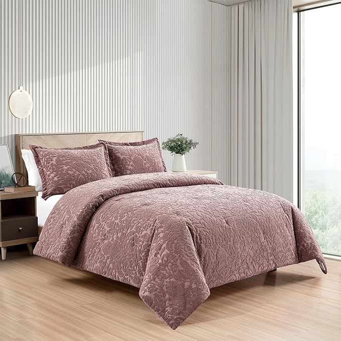 Sunshine Nicole Velvet Jacquard Comforter Set, Velvet Jacquard Face and Brushed Solid Microfiber Reverse, with Light Weight Soft Poly Fill, 3 Pieces Dusty Mauve, King