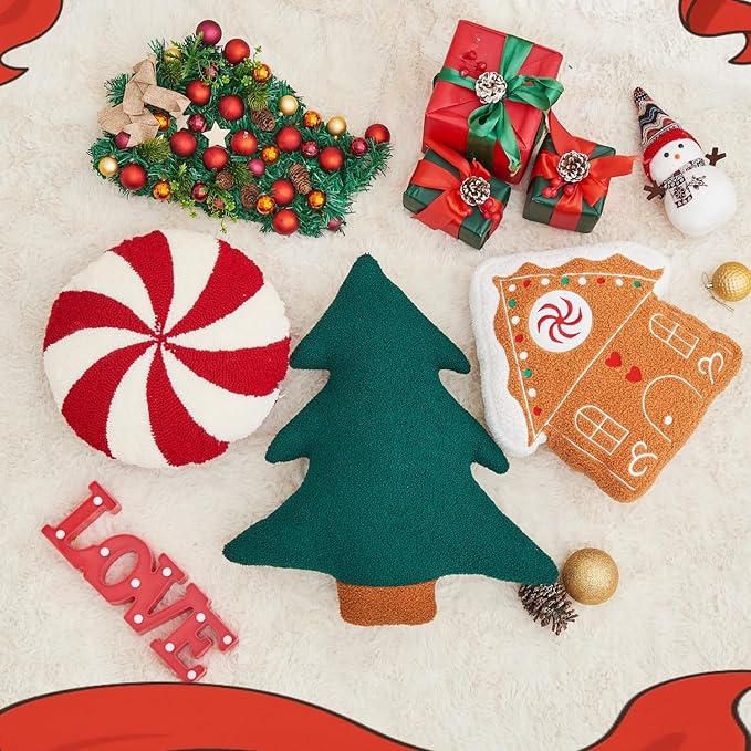 Christmas Tree Pillows Set of 2 Christmas Pillows. Tree Shaped Throw Pillows Xmas Plush Decorations Pillow Gingerbread House Candy Pillow for Thanksgiving Home Decor. Xmas Decor for Party