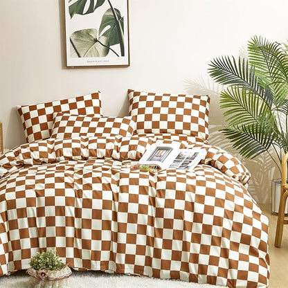 CLOTHKNOW Brown Plaid California King Comforter Set Grid Bedding Comforter Sets Soft All Season Checker Caramel Comforter with 2 x Pillow Cases