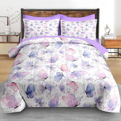 Comforter Set Full Size, Cute Lilac Pink 7 Pcs Bedding for Kids and Adults, Butterfly Cat Purple Bed Sheet Sets with Fitted Sheet 2 Pillowcases & 2 Shams for Bedroom Bed Decor