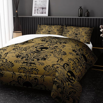 Adults Yellow Gothic Comforter Set Full Size,Vintage Damask Floral Bedding Set 3Pcs,Bohemia Bedding Set Goth Skull Printed Quilted Set for Teens Adult with 1 Comforter and 2 Pillowcase