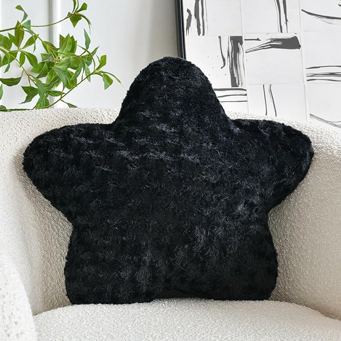 Star Pillow, 19.7" Star Shaped Plush Pillow for Couch Bed Sofa, Cute Decorative Throw Pillows with Soft Faux Fur Room Decor for Bedroom Living Room (Black)