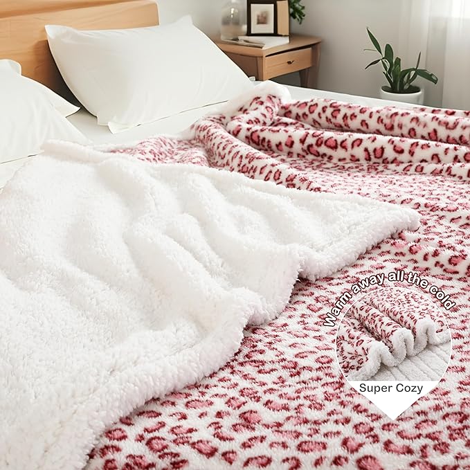 Electric Heated Blanket Throw Size 50"×60" with 9 Heating Levels & 1-10 Hs auto Off, Heating Throw Double Sided Sherpa, Energy Efficient, Machine Washable, Leopard Print Pink & White
