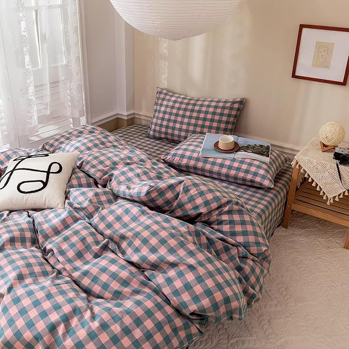 mixinni Plaid Comforter Set Queen - 3 Piece Soft Geometric Checkered Comforter with 2 Pillow Shams, Modern Gingham Pattern Bedding Set for All Season, Breathable & Soft Cozy (Pink, Purple, Blue)