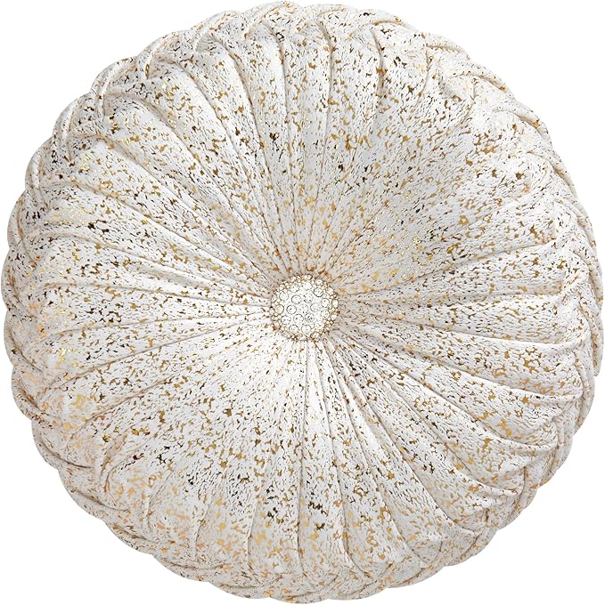 EUCIOR Round Throw Pillows,Gold and White Throw Pillows,Soft Spandex Velvet Fabric,Pumpkin Pleated Handmade White Round Velvet Decorative Pillow for Sofa Bedroom Livingroom