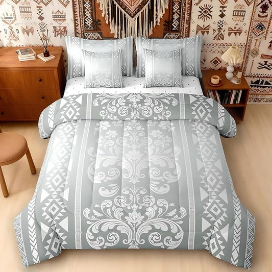 Comforter Set Full Size, Silver White Aztec Damask 7 Pcs Bedding for Kids Adults, Victorian Decor Western Baroque Goth Bed Sheet Sets with Fitted Sheet 2 Pillowcases & 2 Shams for Bedroom Bed Decor