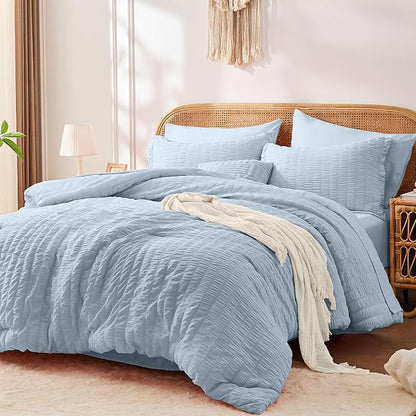 FUANNA Queen Comforter Set 7 Pieces, Luxury Seersucker Bed in a Bag Queen Size for All Seasons, Soft Bedding Set with Comforter, Flat Sheet, Fitted Sheet, Pillowcases & Shams for Bedroom, Grayish Blue