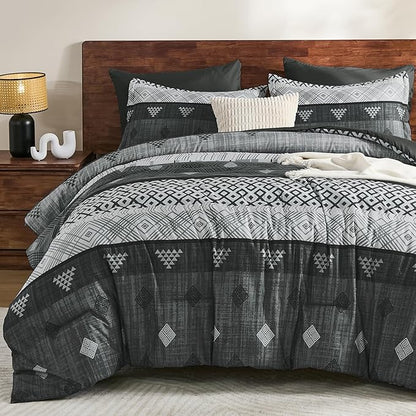 Xruibed Grey Queen Comforter Set 7 Pieces, Gray Boho Striped Bed in a Bag Queen Size Soft Microfiber All Season Bedding Set with Comforter, Sheets, Pillowcases & Shams(90"×90")