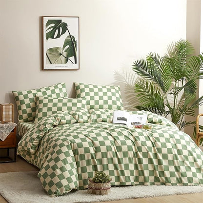 CLOTHKNOW Green White Plaid Full Size Comforter Sets Grid Bedding Comforter Sets Soft Checker Geometric Comforter with 2 x Pillow Cases