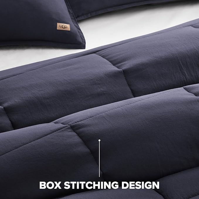 UGG Leonora Comforter Set with 2 Pillow Shams Lightweight Down Alternative Blanket Reversible Cozy Warm All Season Washable and Hypoallergenic Bedding Set, Full/Queen, Navy Blue
