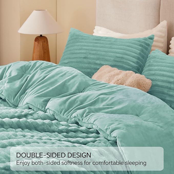 BEDELITE Fleece Queen Comforter Set -Super Soft & Warm Fluffy Haze Blue Bedding, Luxury Fuzzy Heavy Bed Set for Winter with 2 Pillow Cases