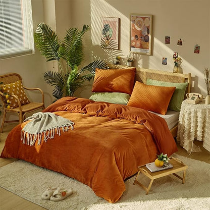 Pureant Burnt Orange Fluffy Comforter Set Twin Rust Velvet Bedding Comforter Sets for Women Girls Solid Terracotta Flannel Blankets Plain Rust Caramel Twin Size Comforter Modern Reddish Brown Bed
