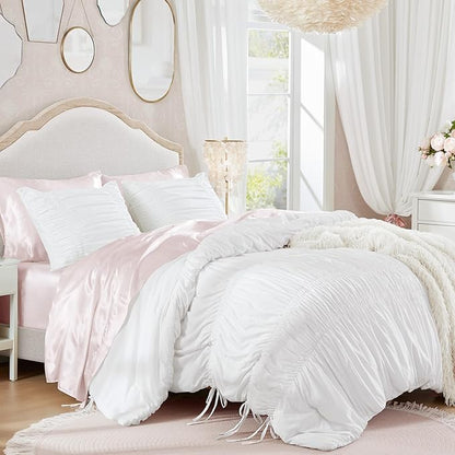 Intelligent Design King Comforter Set Ruched Shabby Chic Comforters for King Size Bed, All Season Lightweight Comforter King, French Country Bedding Set, Shams, Ella, King/Cal King, White, 3 Piece
