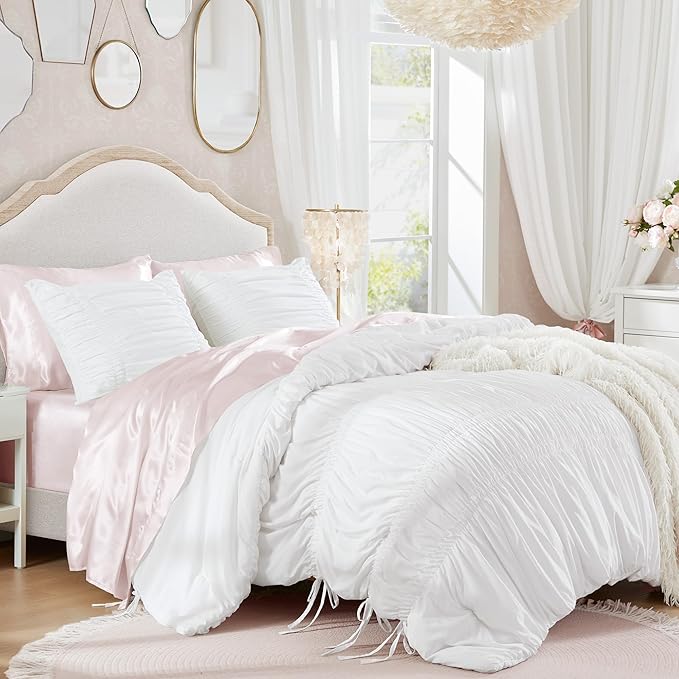 Intelligent Design Queen Comforter Set Ruched Shabby Chic Comforters for Queen Size Bed, All Season Lightweight Comforter Queen French Country Bedding Set, Shams, Ella, Full/Queen, White, 3 Piece