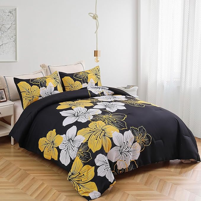 Menghomeus Full Comforter Set Black/Gold Floral Bedding Comforter Sets - Soft Microfiber Bed Comforter Set for All Season 3 Piece Botanical Flowers Comforter, Pillowcases