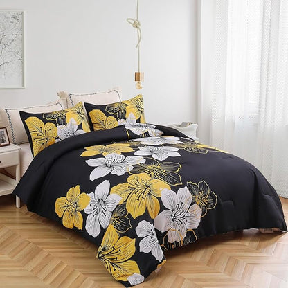 Menghomeus Queen Comforter Set Black/Gold Floral Bedding Comforter Sets Soft Microfiber Bed Comforter Set for All Season, 3 Piece Botanical Flowers Comforter, Pillowcases