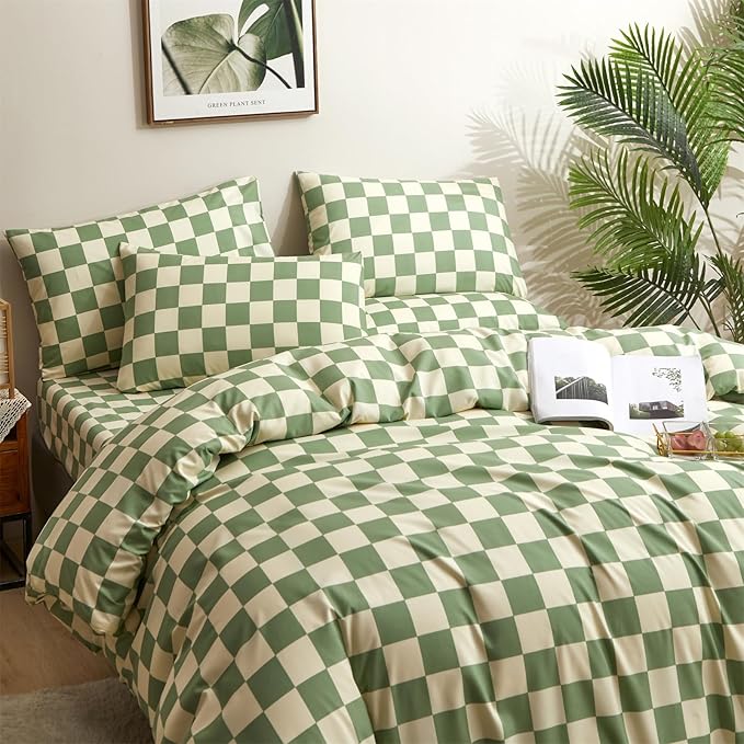 CLOTHKNOW Green White Plaid Twin/Twin XL Comforter Set Grid Bedding Comforter Sets Buffalo Checnker Comforter Soft Green White Comforter Sets