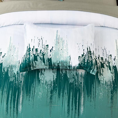 WONGS BEDDING Comforter Set King, Aqua 7 Pieces Bed in a Bag Abstract Art Gradient Comforter Soft Microfiber Bedding Set -1 Comforter, 1 Flat Sheet, 1 Fitted Sheet, 2 Pillow Shams,2 Pillowcases