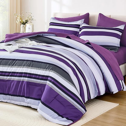 WONGS BEDDING Comforter Set King Size, Purple Bed in a Bag, 7 Pieces Comforter with Sheet Set, Striped Bedding Set for All Seaon (104"×90")