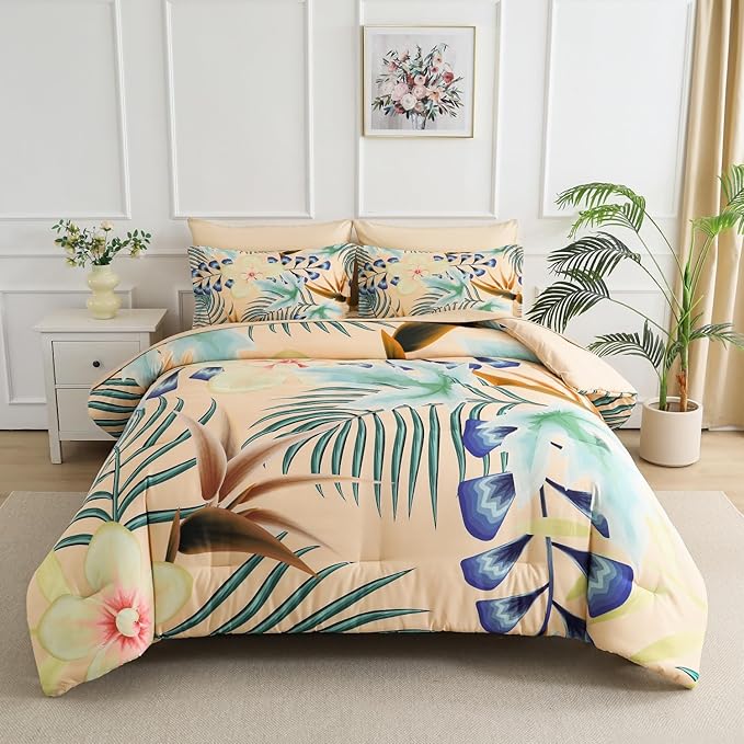 Yogeneg 7 Piece Bed in a Bag King Size Comforter Set Khaki Bedding Set,Yellow Floral Green Leaves Pattern Reversible Design,Soft Microfiber Comforter with Sheet Set,All Season(Khaki,King)