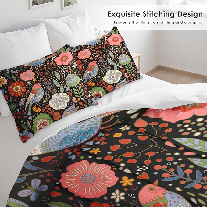 Comforter Set Twin Size, Retro Floral Bird Soft 2 Pcs Bedding for Kids and Adults, Vintage Chinese Flower Comforter Set with Pillowcase, for Bedroom Bed Decor