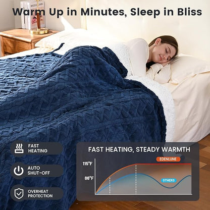 Heated Blanket Electric Queen Size - 84"x90" Electric Blanket with Dual Control, 9 Heat Levels and 1-10 Hours Timer, Soft Jacquard Fleece & Sherpa Washable, Great Gift Idea - Navy Blue
