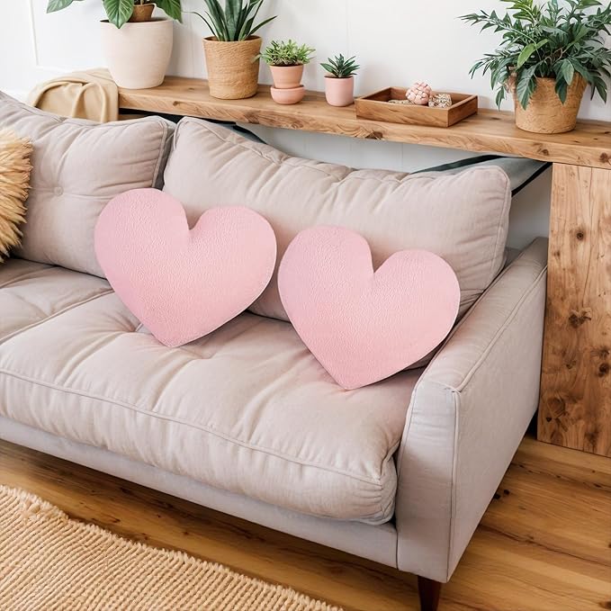 2 Pcs Pink Heart Pillow Decorative Throw Pillows 16-inch Cute Soft Fluffy Heart Shaped Pillows for Women Valentine Anniversary Bed Couch Bedroom Living Room Decor Aesthetic (Light Pink, 16"x13.78")