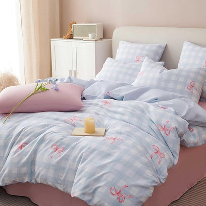 Blue Plaid Queen Comforter Set - Pink Bow Comforter Set Queen Size, Gingham Quilt Bedding Set 3 Pieces, Soft & Lightweight Comforter(90‘’ x 90‘’) for Girl & 2 Pillowcases(30‘’x20‘’)