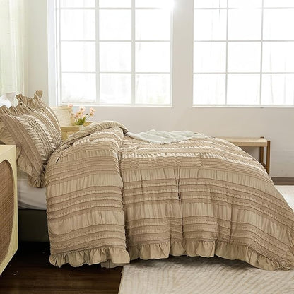 WONGS BEDDING Khaki Comforter Set King,3 Pieces Ruffle Farmhouse Shabby Chic Comforter for King Bed,Soft Textured Boho Bedding Set with 1 Ruffle Comforter,2 Tufted Pillowcases 104"×90"