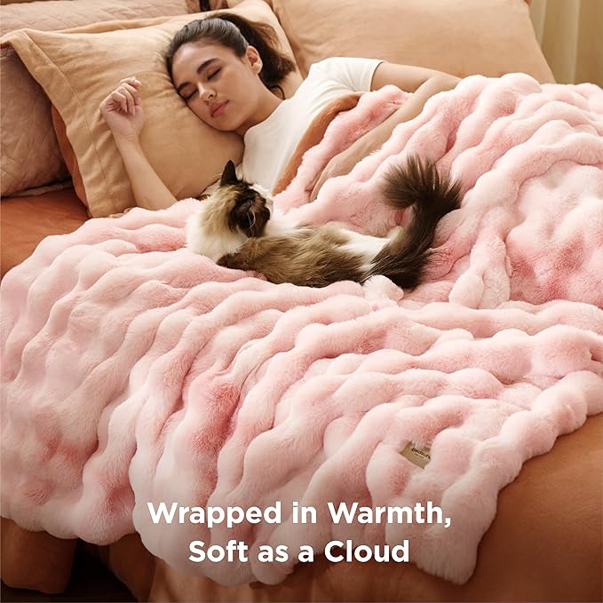 Bedsure GentleSoft Fluffy Fuzzy Tie-dye Pink Blanket for Valentines, Soft Cozy Fleece Faux Fur Throw Blanket for Couch, Cute Pink Decorations for Teen Girl, Thick Warm Plush Room Decor Gifts for Her