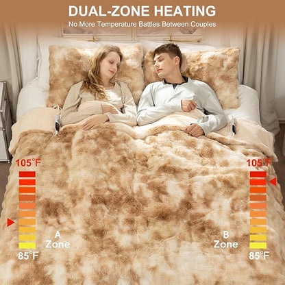 Faux Fur Electric Blanket Queen Size 84"X90" - Bubble Faux Fur Heated Blanket Fluffy Soft Fuzzy with 6 Fast Heating Levels & 10 hrs Timer Settings, Washable & ETL Certified for Bed, Tie-Dye Beige